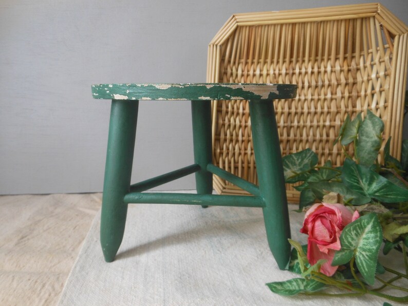 Vintage Painted Green Rabbit Milk Stool Wooden Doll Small at Quilted Nest