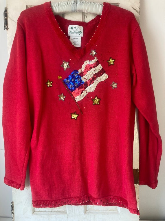 Red Sequins American Flag Sweater Size M Quacker … - image 1