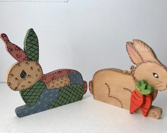 Chice 1 Wooden Rabbits Hand Painted Figure Jig Saw Cut Out Patchwork Carrots 1995 Vintage Decor