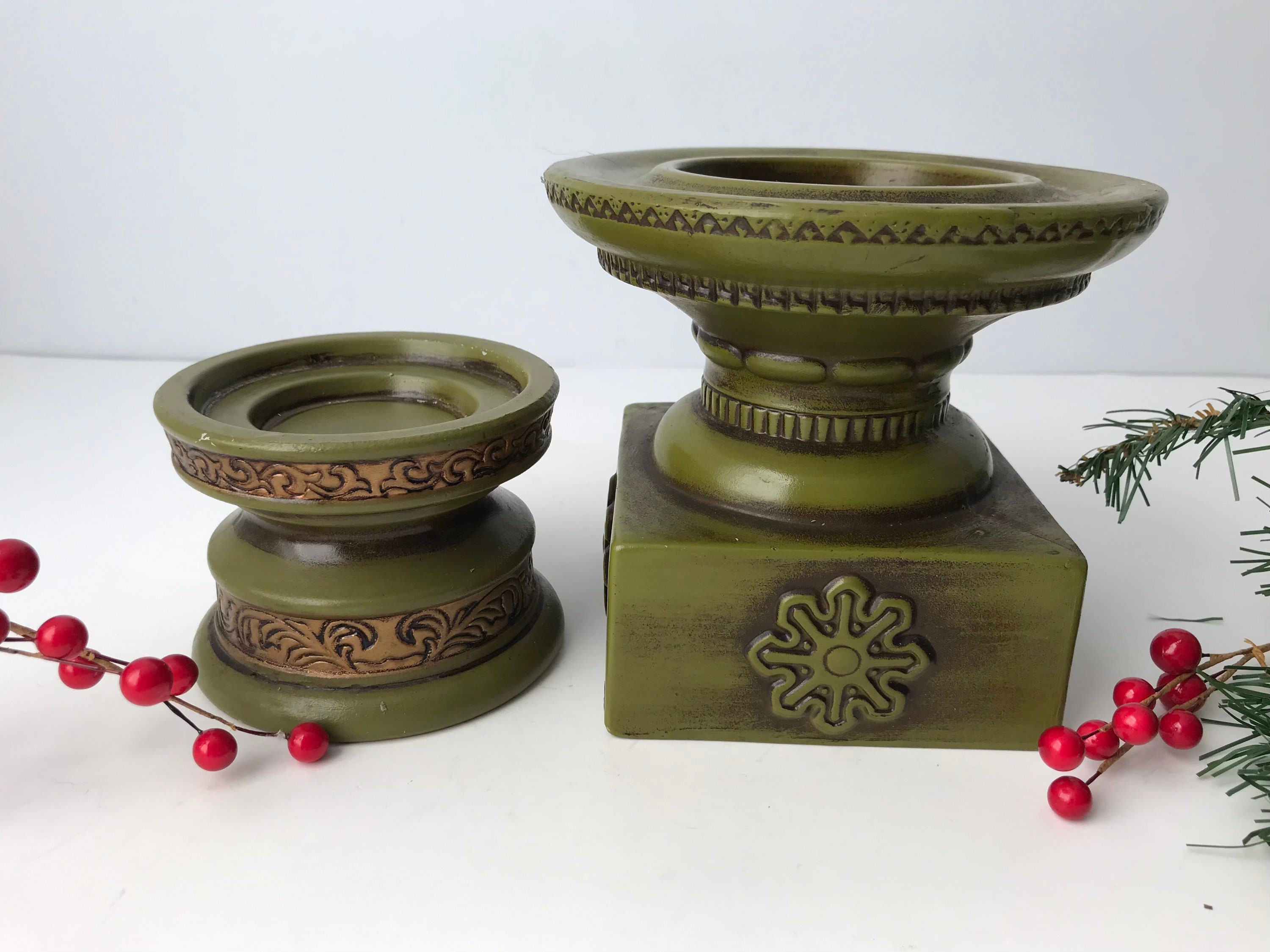 2 Olive Green Pillar Candle Holders Mod Boho Raised Relief Etsy