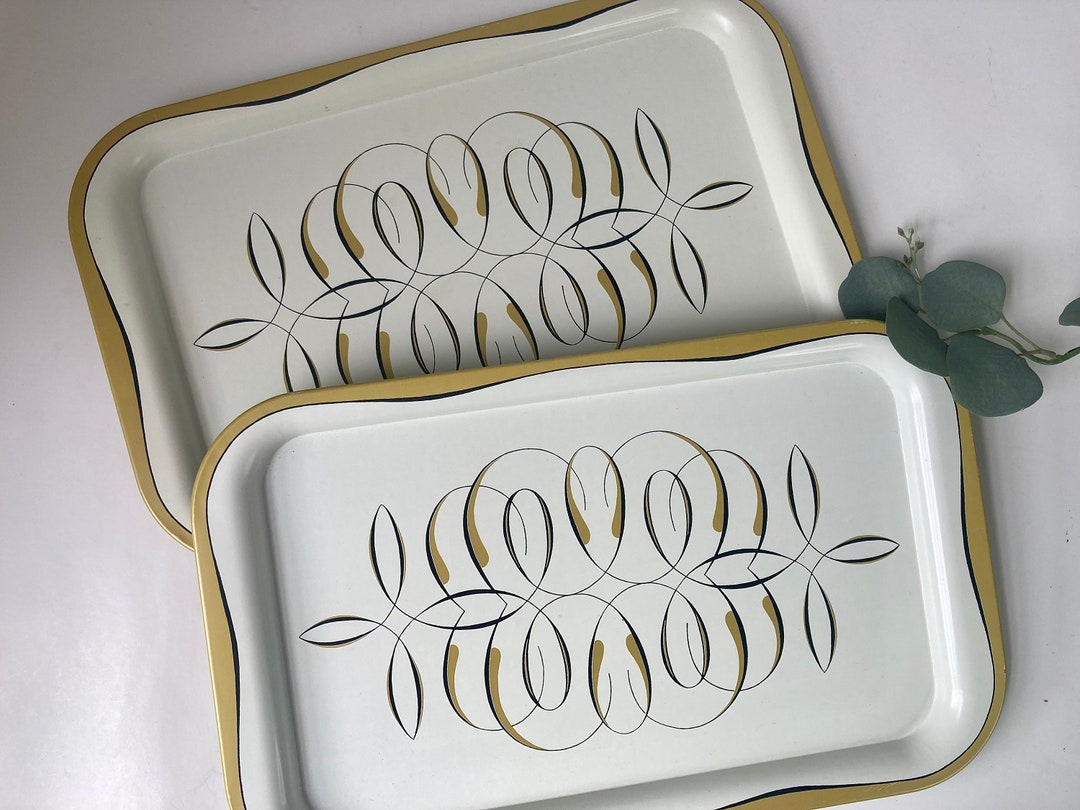 2 Metal Snack Trays Lap White Gold Scrolly Design Serving Picnic Buffet