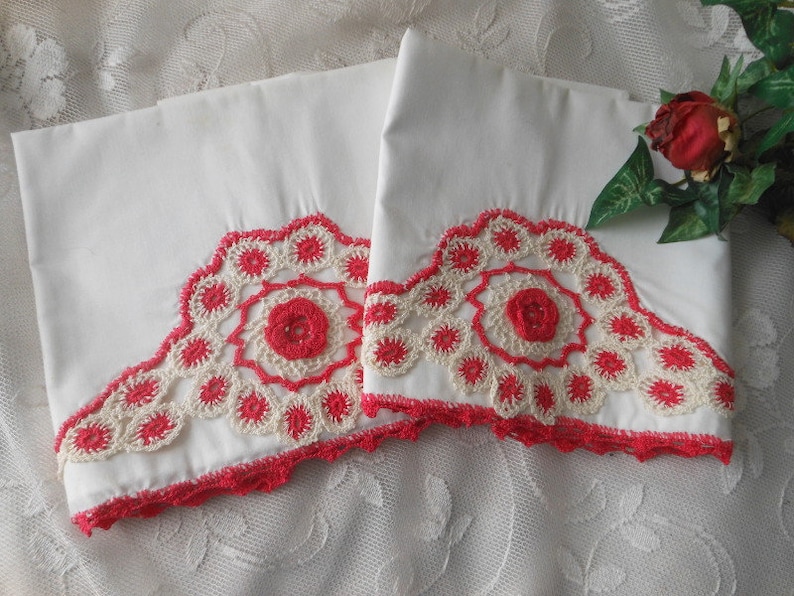 Vintage Pair Bright Pink Crocheted Pillowcases Unused White Cotton at Quilted Nest