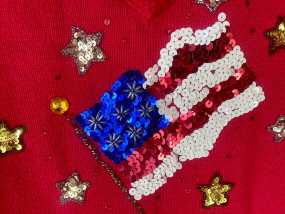 Red Sequins American Flag Sweater Size M Quacker … - image 2