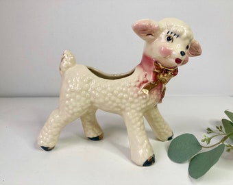 Lamb Planter Pink Bow Gold Detailing Mid Century Clean As Is Vintage Decor Easter