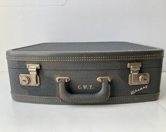 Wheary Chic Miss Blue Suitcase Small Hard Side Lots Inner Satin Pockets Travel Luggage Vintage Storage at Quilted Nest