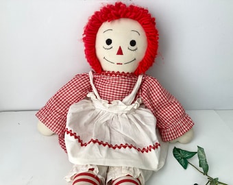 26” Raggedy Ann Doll Embroidered Face Chest Heart Red Gingham Dress Vintage Toy