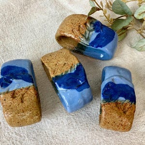 4 Vintage Pottery Napkin Rings Blue Beige Holders Handmade Set Boho Clay Kitchen at Quilted Nest