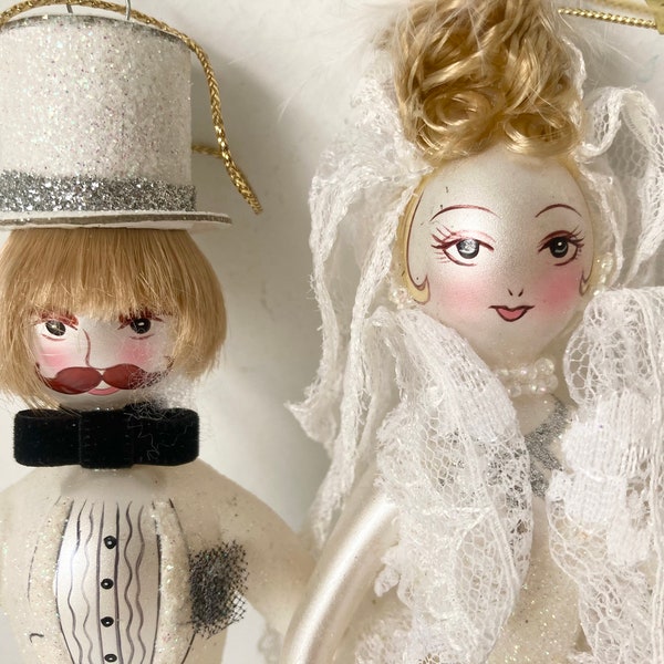 2 Glass Ornaments Bride Groom Wedding Real Hair Glitter Mica 9" Ornate Detailing Vintage Decor