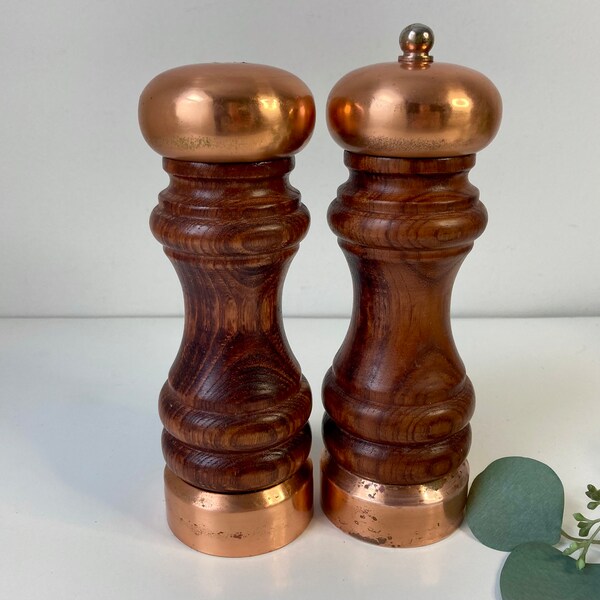 Pair Salt Shaker Pepper Mill Wooden Copper Catalina Set some patina 7 1/2" Vintage Kitchen