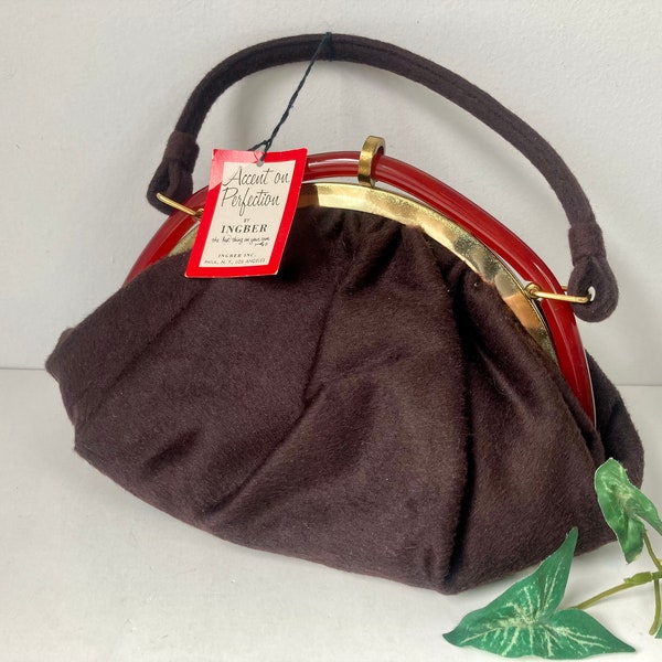 Ingber Purse Wool Felt Brown Bakelite Clasp Unused w/ Tags Handbag Bag Vintage Clothing at Quilted Nest