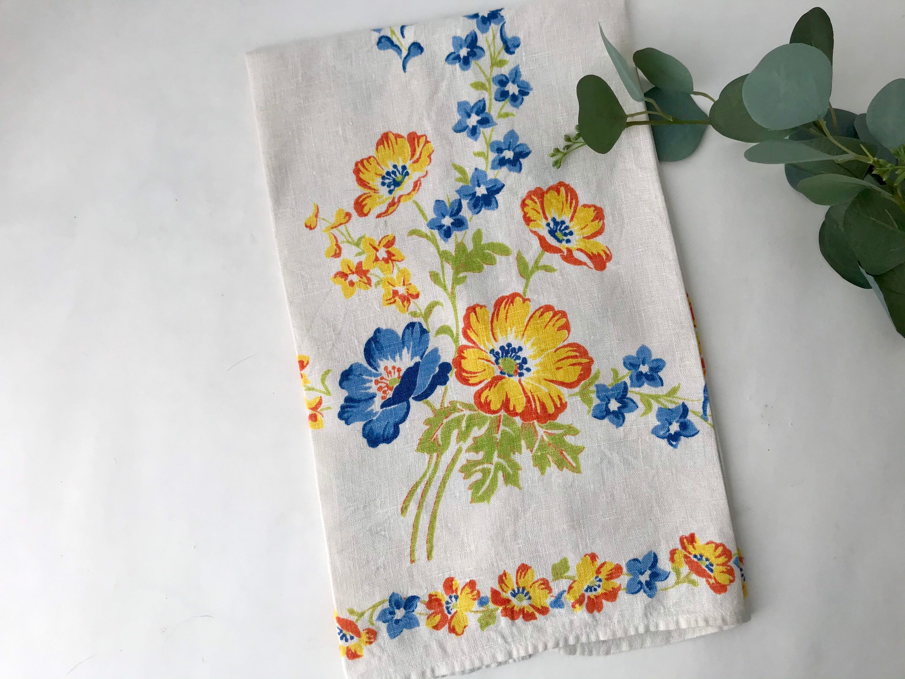 Linen Kitchen Hand Towel Yellow Blue Garden Cosmos Flowers Etsy