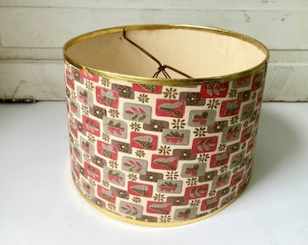 Clip on Bulb Lamp Shade Drum Paper Foliage Print Muted Olive Green Red Gold Trim Edges Vintage for Small Table Lamp