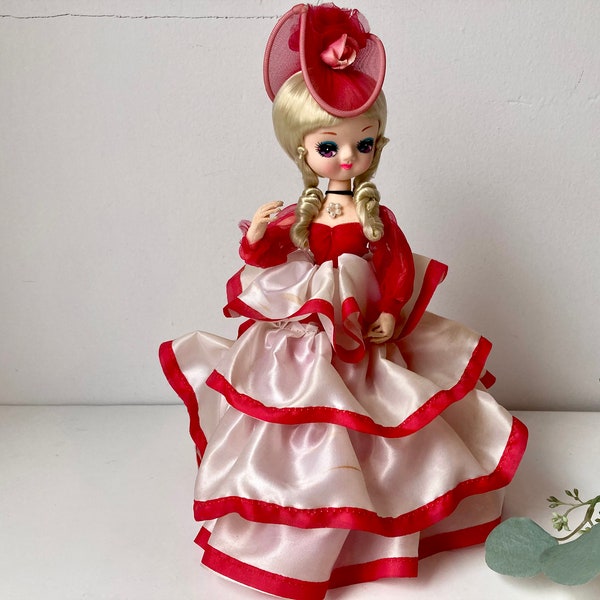 Bradley Doll Stockinette Southern Belle Red White Gown Dress Hat Korea Big Eyes Blond Hair Ringlets Vintage Display at Quilted Nest