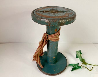 Large Blue Factory Spool Wooden Thread Sewing 10 1/2” Primitive Industrial Country Vintage Decor