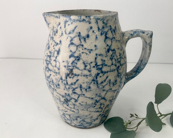 Blue Spongeware Pottery Pitcher Crock Heavy Stoneware Vase as Etsy