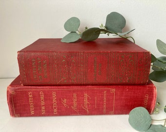 2 Thick Red Linen Cover Books Webster's Dictionary 1962 & Outline of Great Books 1936 Vintage Stack Bundle Decor