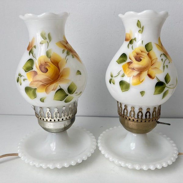 1 Milk Glass Lamp Tole Painted Yellow Roses Hurricane Electric Table 2 Available Vintage Boudoir Lighting
