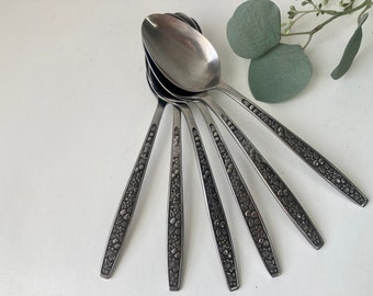 6 Soup Spoons Harvest Pageant Pattern Japan Embossed Stainless Flatware Vintage Kitchen