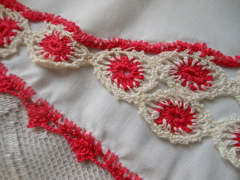 Vintage Pair Bright Pink Crocheted Pillowcases Unused White Cotton at Quilted Nest