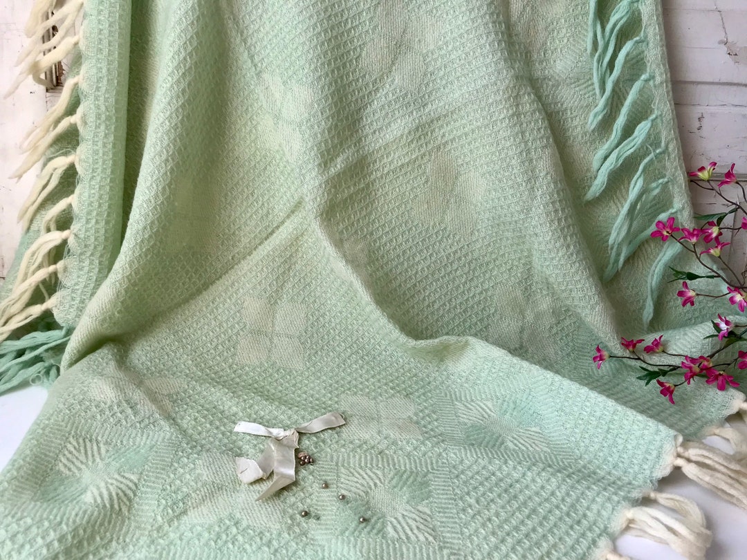Mint Green Baby Blanket Woven Tassel Edges Satin Bows Beads Etsy