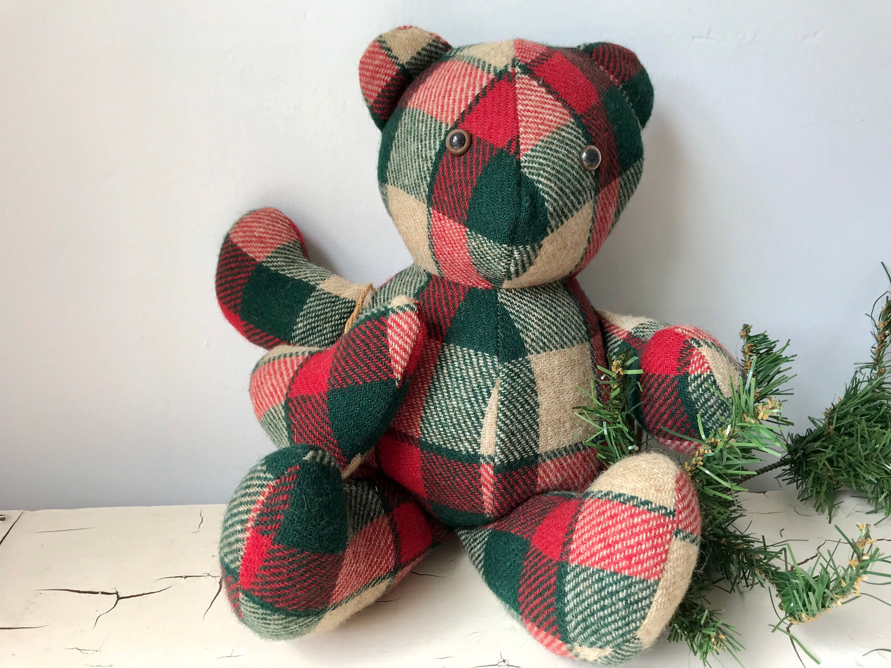 wool-plaid-fabric-teddy-bear-with-hanging-heart-ornament-etsy