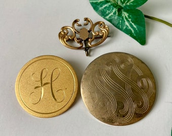 Lot 3 Pins H Monogram Round Victorian Clip  Brooch Embossed Metal Vintage Antique at Quilted Nest