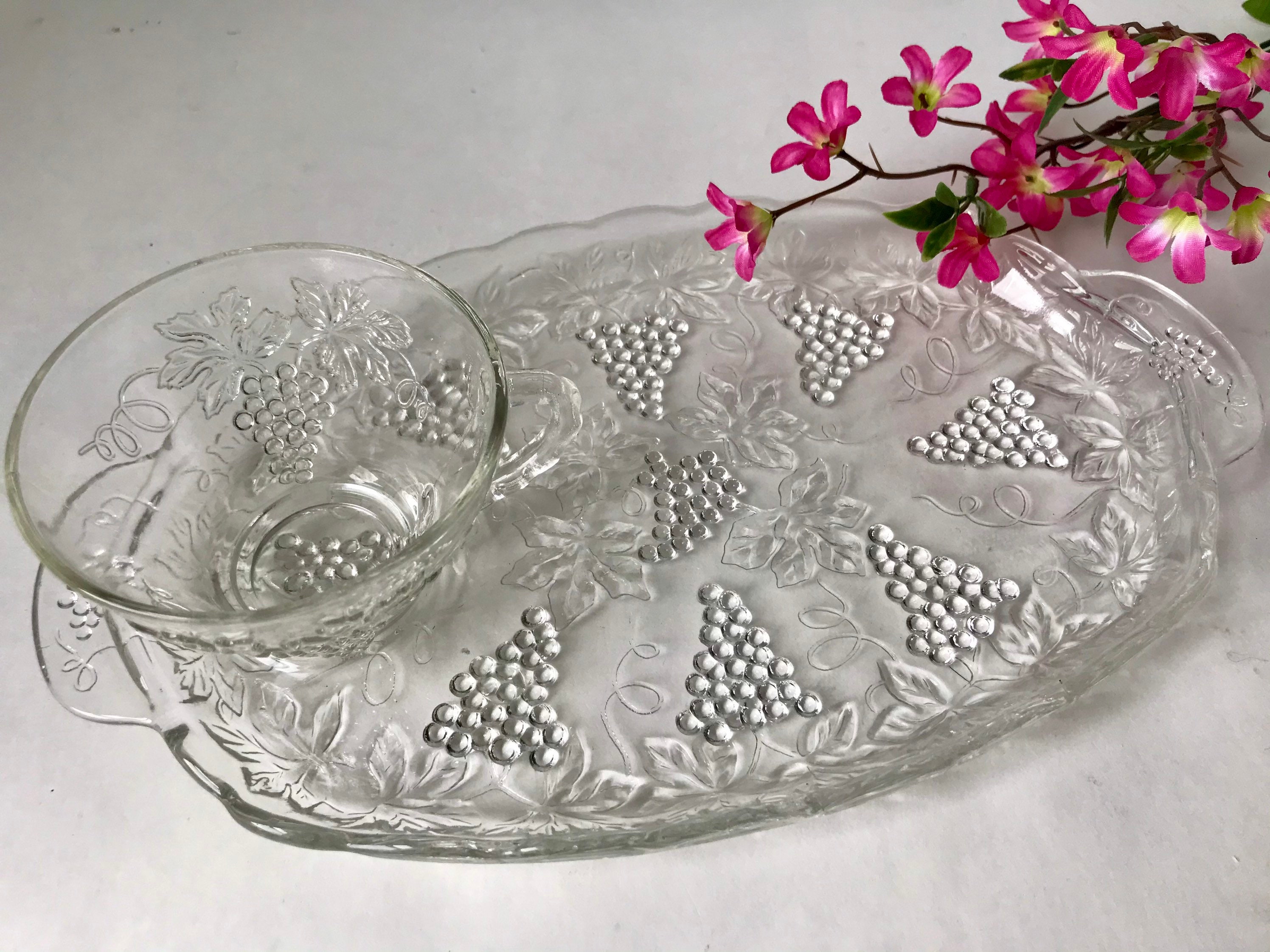Snack Set Clear Glass Grapes Embossed Raised Relief Tray Etsy