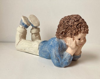 Austin Products Daze Sculpture Sneaker Kids Boy Laying Down on Belly 1986 Figurine Vintage Decor at Quilted Nest