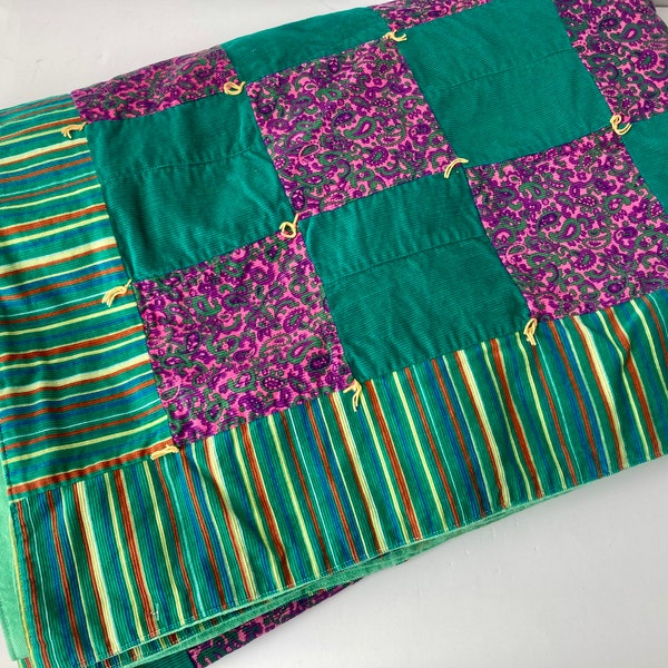 Patchwork Quilt Green Corduroy Purple Paisley Fabric Knotted Comforter 9-Patch Vintage Blanket Linens