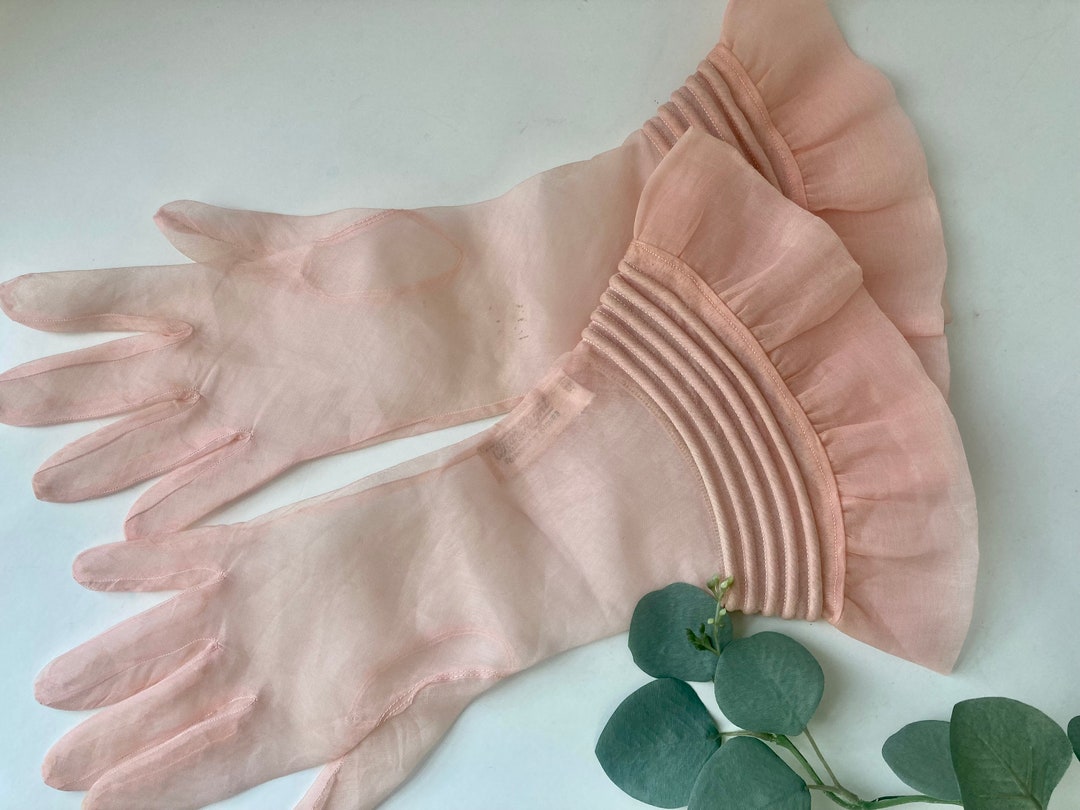 Ladies Sheer Pink Dress Gloves Wear Right Ruffled Cuffs Etsy