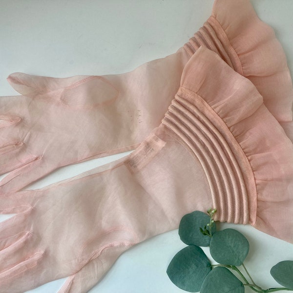 Pink Dress Gloves Ladies Sheer Wear Right Ruffled Cuffs Pintucks Size 6.5 USA Organdy? Vintage Clothing Accesories