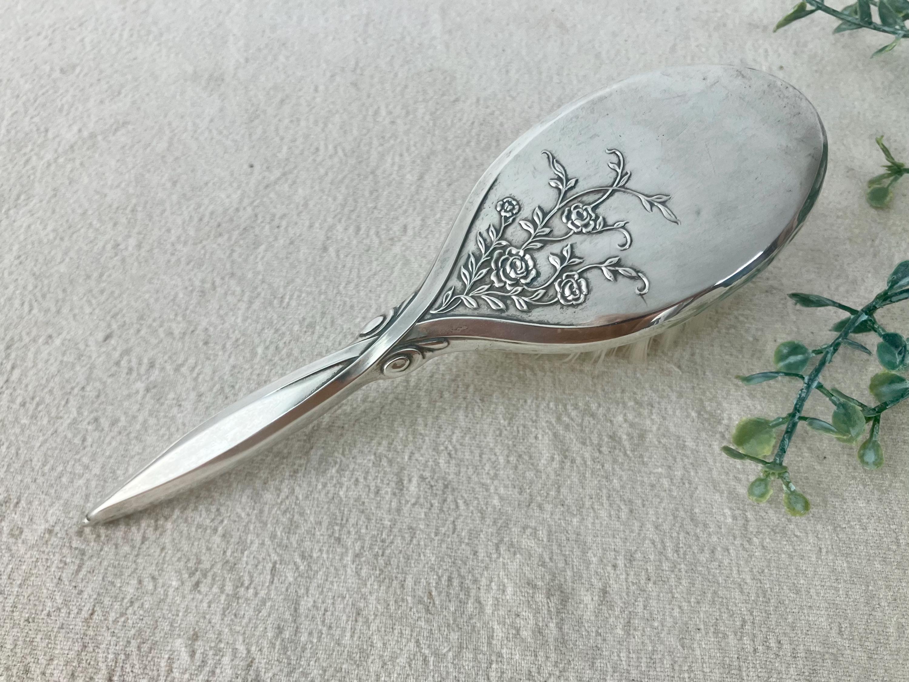 Vintage Silver Plated Hairbrush with Pink Rose Design Rose Antique US Sterling Silver Brushes & Grooming Sets for  main image 3