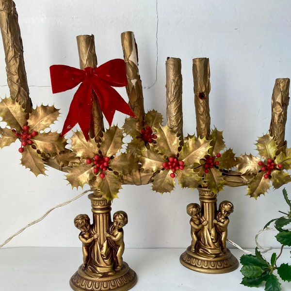 2 Candelabras CherubsCandles Christmas Electric Lights Gold Holly Japan 16" 3 Bulbs Arms Each As Found Large Vintage Decor Pair