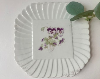 Carlsbad China 6" Plate Pansy Violas BFHS Austria Square Scallops Pleats Edge Vintage Serving Decor at Quilted Nest