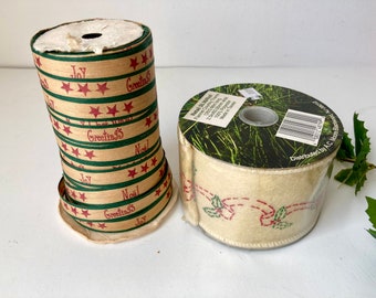 2 Rolls Ribbon Wired Embroidery Primitive Style New & Used Christmas Vintage Decor Spools