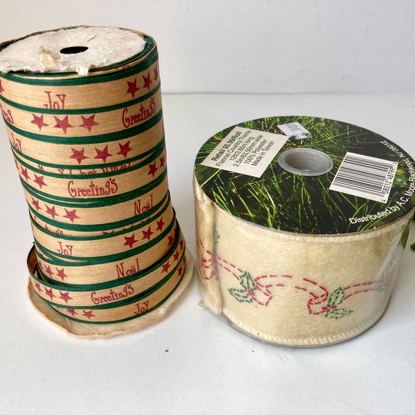 2 Rolls Ribbon Wired Embroidery Primitive Style New & Used Christmas Vintage Decor Spools