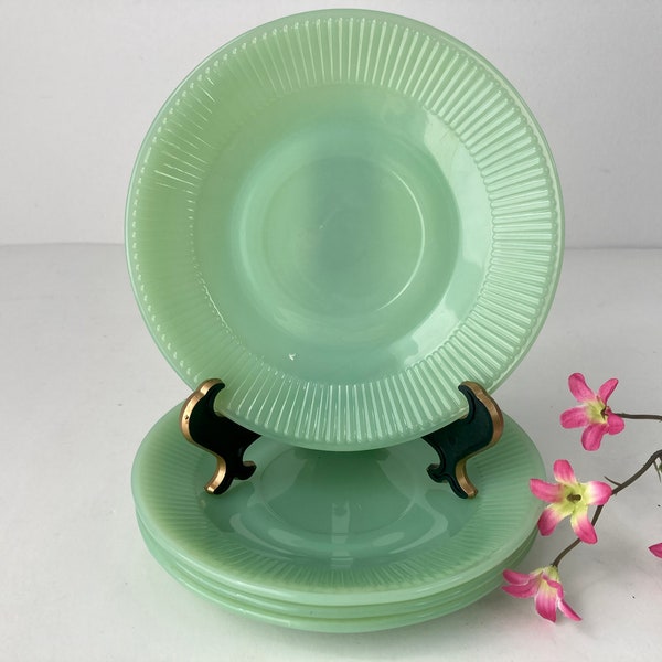 4 Jadeite Fire King Saucers Plates Jane Ray Ribbed Green Glass 5 3/4" Kitchen Vintage Dishes