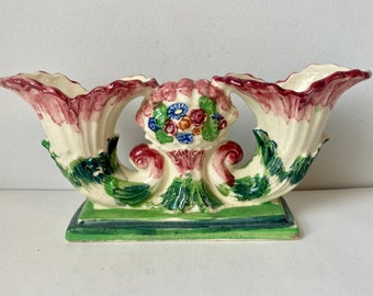 Double Cornucopia Planter Majolica Bud Vase Green Red Pink Floral Roses Made in Japan Vintage Decor at Quilted Nest