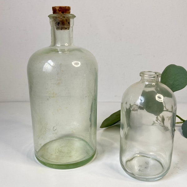 2 Glass Medicine Bottles Pharmacy Clear Apothecary Cork Stopper Air Bubbles Early Vintage Decor