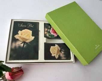 Hallmark Bridge Playing Cards Pink Yellow Roses Photo Design 2 Decks Score Pads Set Original Box Vintage Games at Quilted Nest