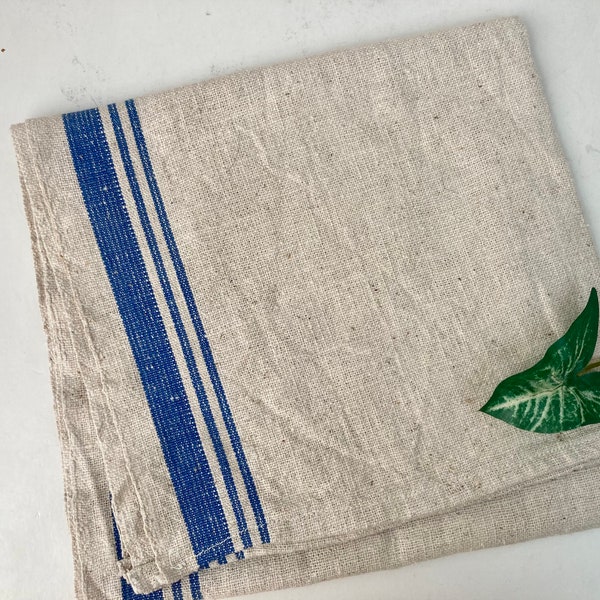 Kitchen Towel Blue Ticking Stripe Edges Linen Hemp Style 33" Hand Tea Farmhouse Vintage Linens at Quilted Nest