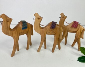 3 Carved Camels Nativity Figures Chains Olive? Wood Animals Christmas Miniature Vintage Decor