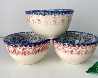 3 Spongeware Bowls Red Blue Patriotic Marked B&B Vintage Dishes