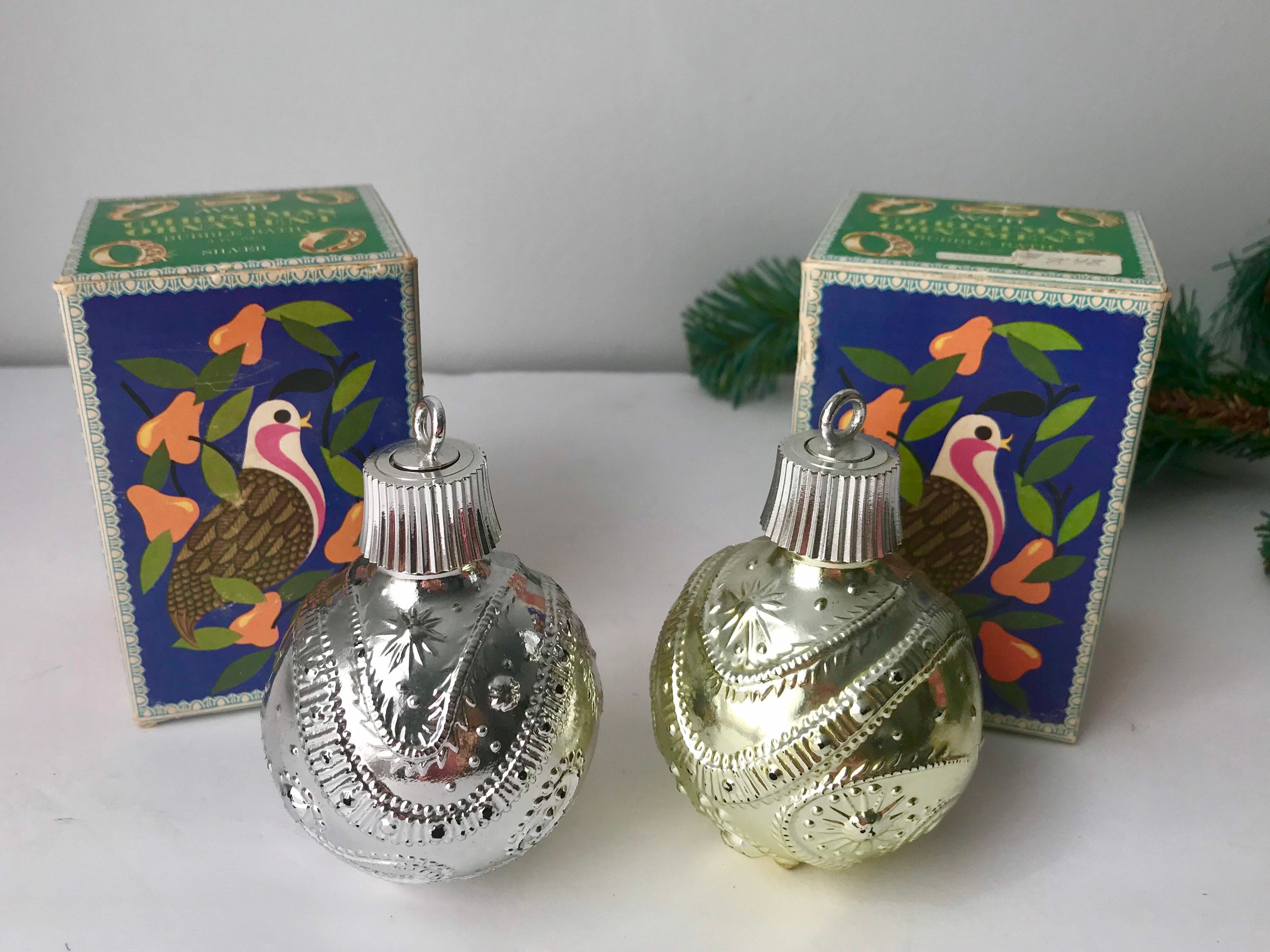 2 Avon Christmas Ornament Bottles Original Box Gold Silver Etsy