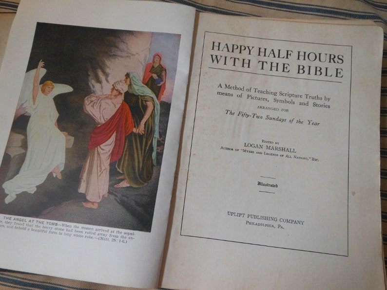 Bible Story Book Happy Half Hours Childrens Color Lithographs Illustrated Antique At Quilted Nest - 
