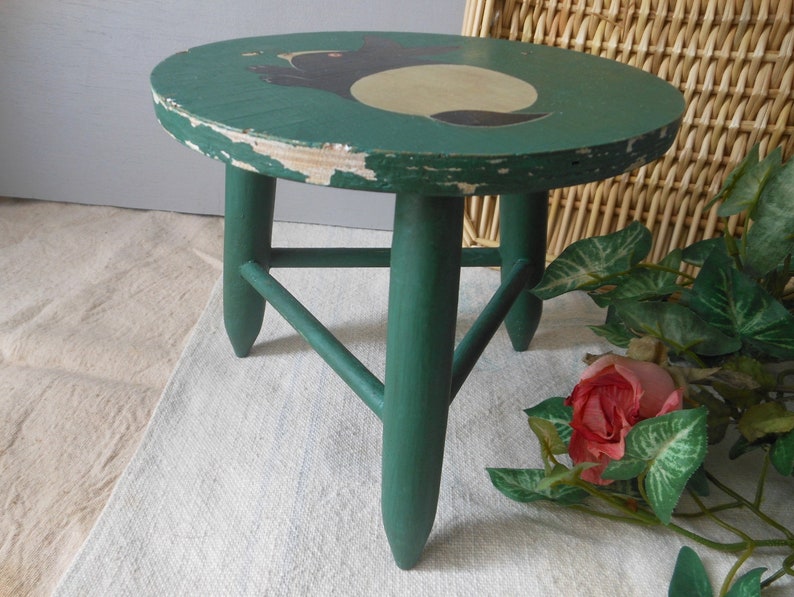 Vintage Painted Green Rabbit Milk Stool Wooden Doll Small at Quilted Nest