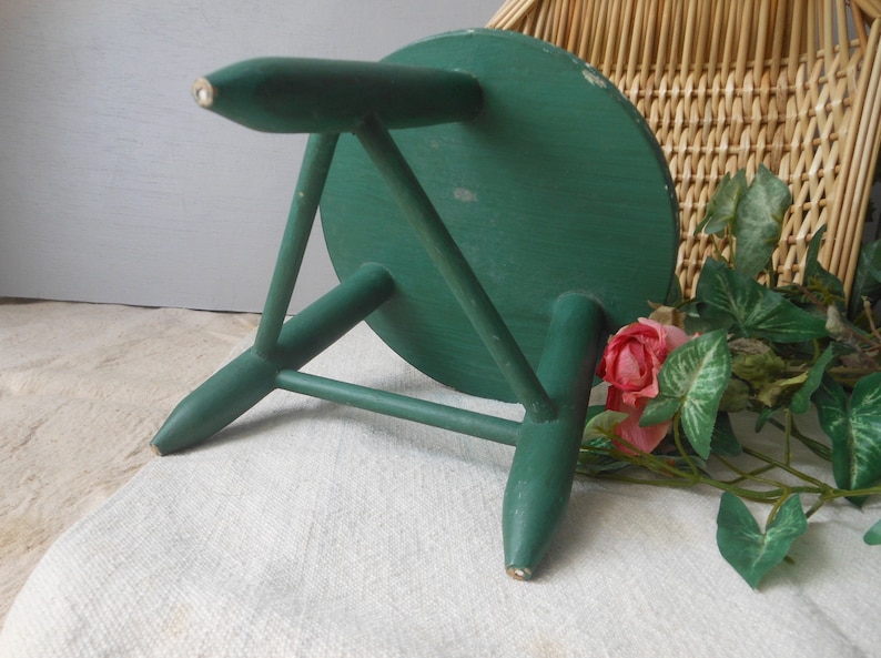 Vintage Painted Green Rabbit Milk Stool Wooden Doll Small at Quilted Nest