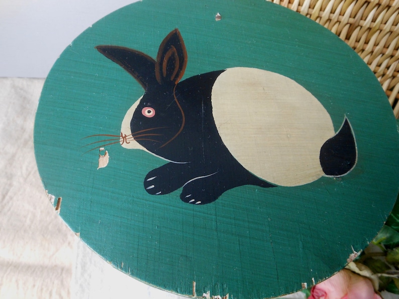 Vintage Painted Green Rabbit Milk Stool Wooden Doll Small at Quilted Nest