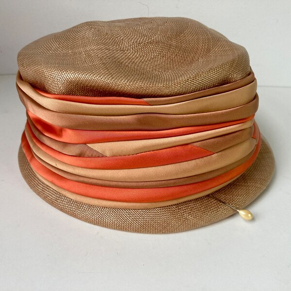 Amy New York Cloche Hat Orange Stripe Wide Satin Band Ribbon Beige Straw-Like Ladies Vintage Clothing