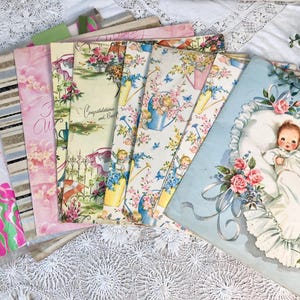 Choice 2 Sheets Gift Wrapping Paper Baby, Wedding, Go Go Girl Shower, Farmhouse Stripes, Parasols, Flower Carts Vintage Ephemera Unused